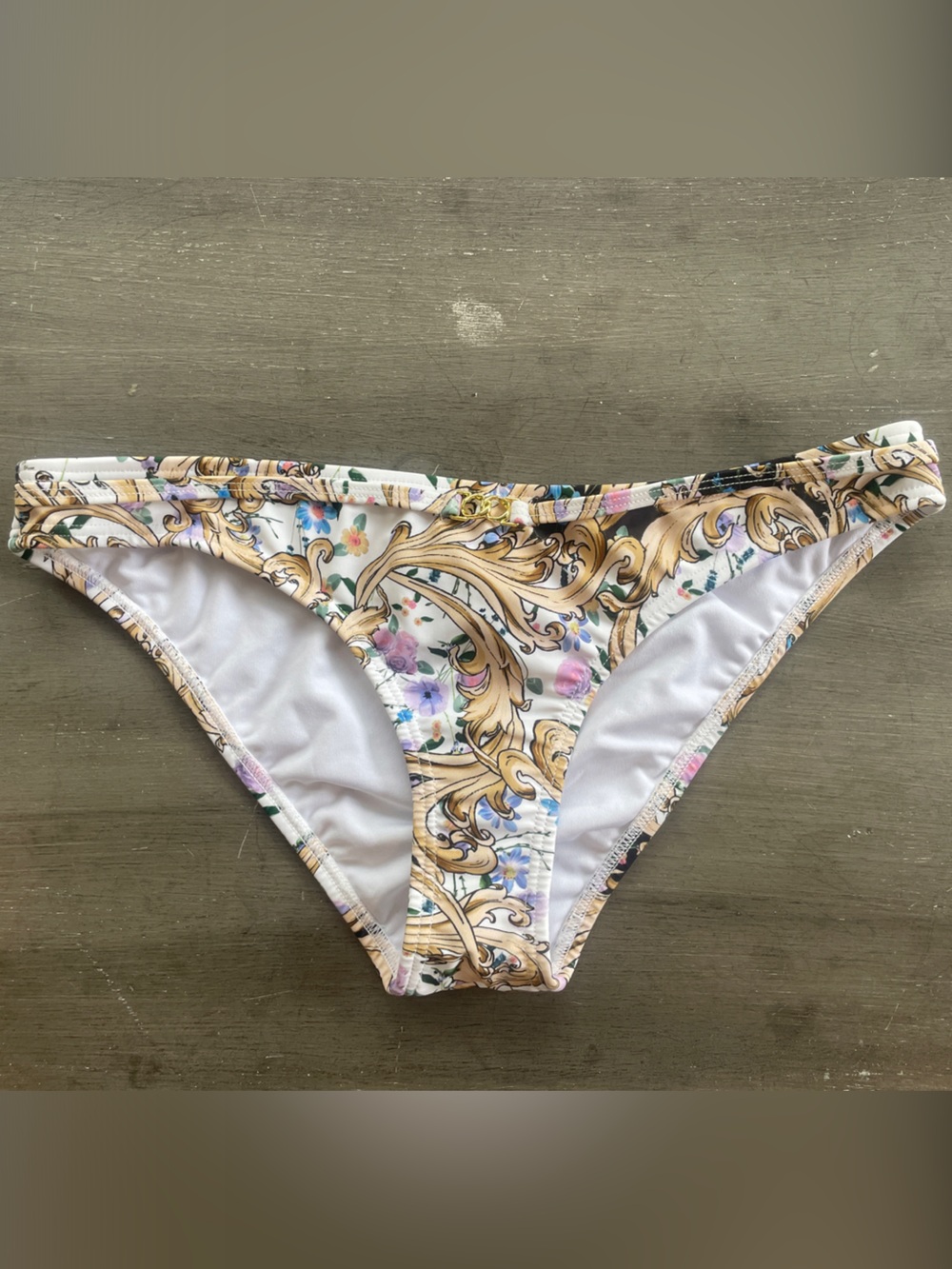 Floral Scroll Print Bikini Bottom - White/Gold sz6
